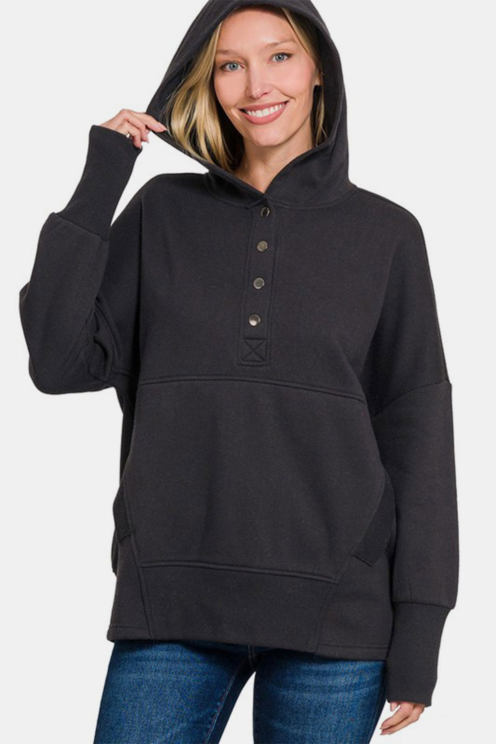 Zenana Half Snap Long Sleeve Hoodie with Kangaroo Pocket - Black us.meeeshop - Shirts & Tops