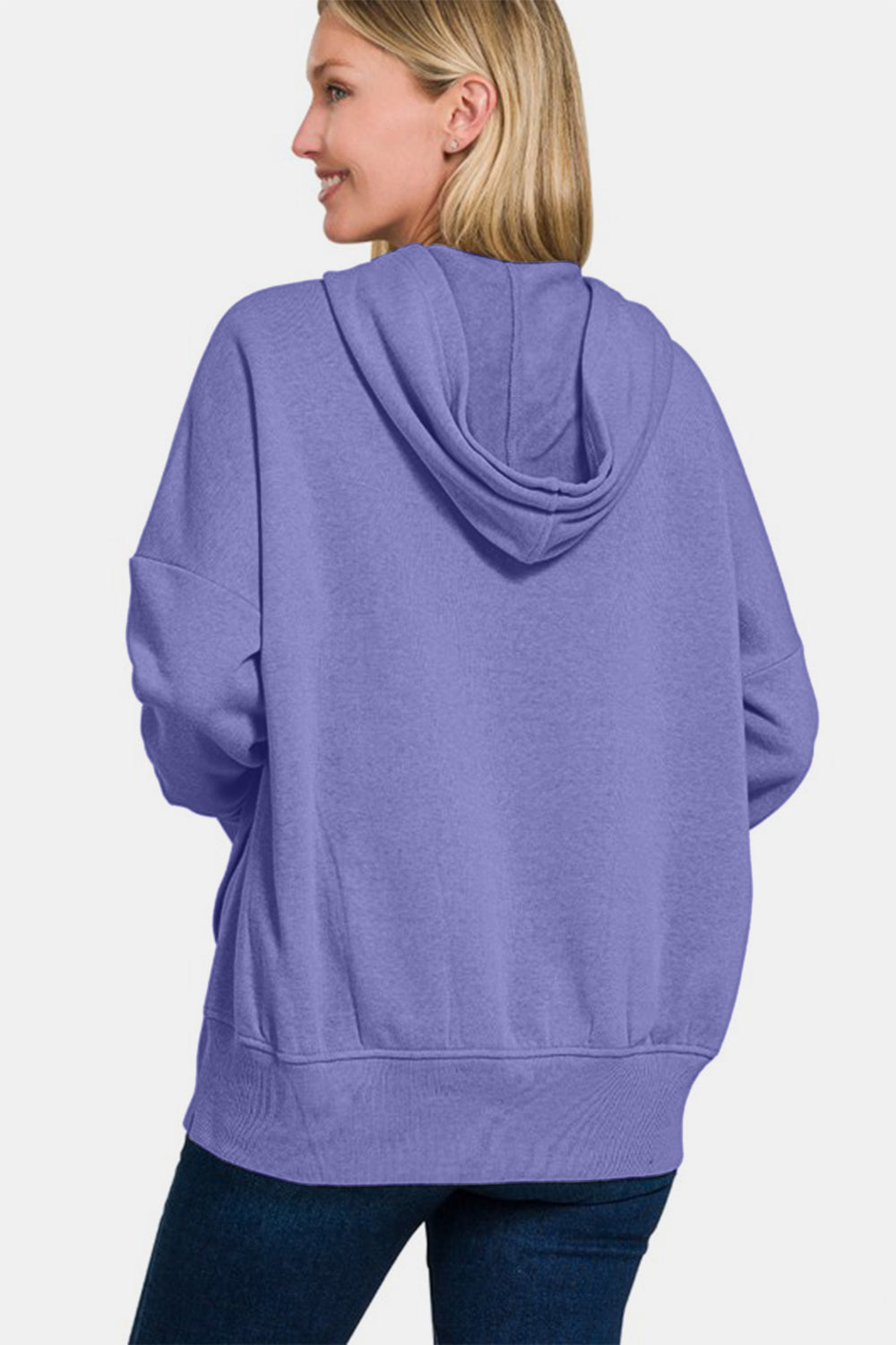 Zenana Half Snap Long Sleeve Hoodie with Kangaroo Pocket - Blue Purple us.meeeshop - 