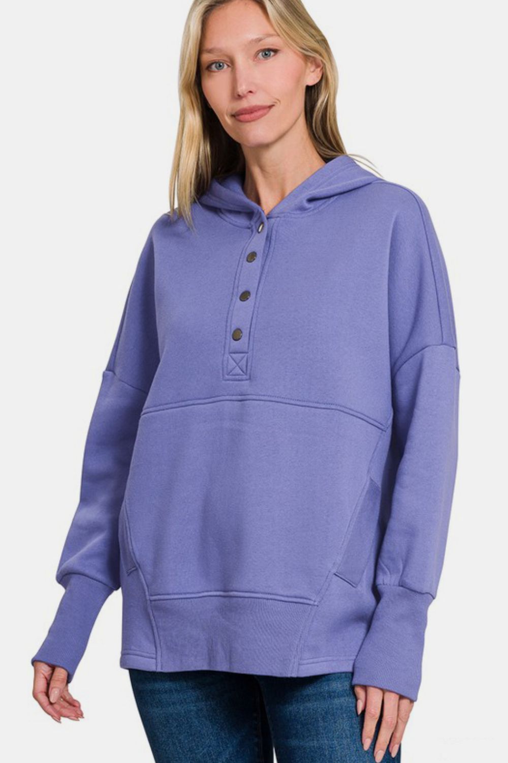 Zenana Half Snap Long Sleeve Hoodie with Kangaroo Pocket - Blue Purple us.meeeshop - 