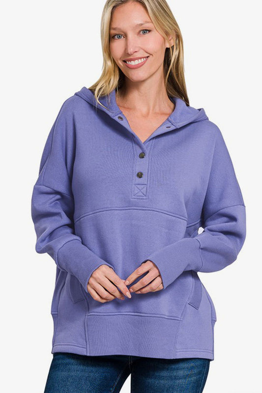 Zenana Half Snap Long Sleeve Hoodie with Kangaroo Pocket - Blue Purple us.meeeshop - Shirts & Tops