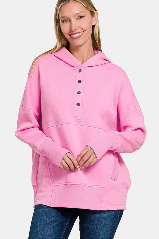 Zenana Half Snap Long Sleeve Hoodie with Kangaroo Pocket - Fuchsia us.meeeshop - Shirts & Tops