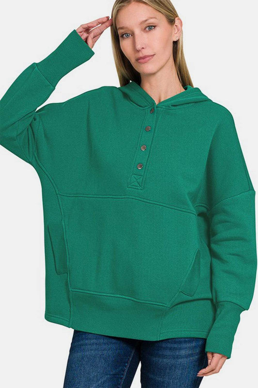 Zenana Half Snap Long Sleeve Hoodie with Kangaroo Pocket In Green us.meeeshop - Shirts & Tops