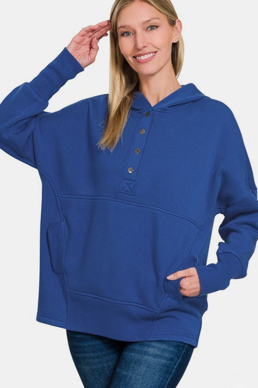 Zenana Half Snap Long Sleeve Hoodie with Kangaroo Pocket - Navy us.meeeshop - Shirts & Tops