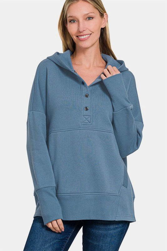 Zenana Half Snap Long Sleeve Hoodie with Kangaroo Pocket us.meeeshop - Shirts & Tops