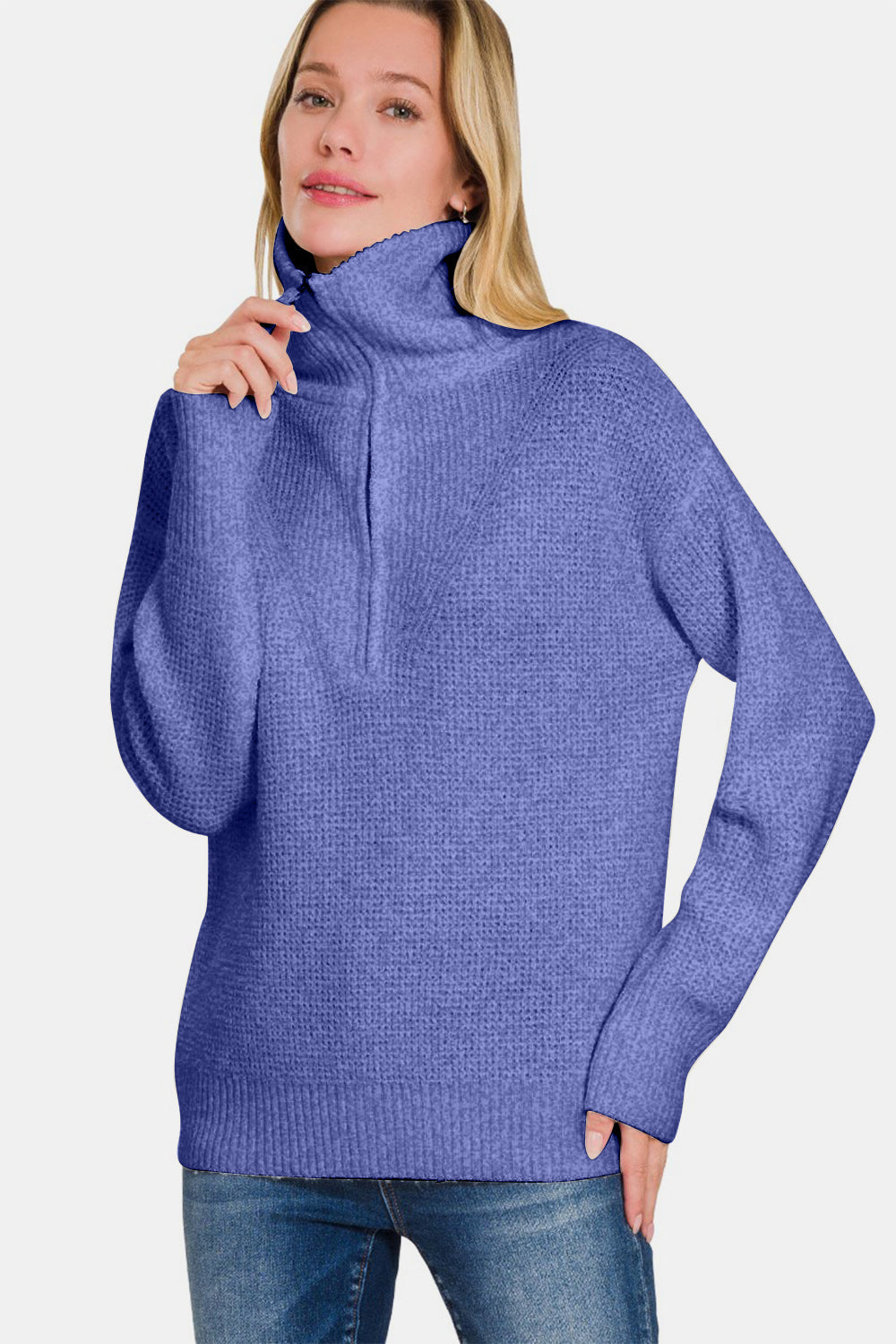 Zenana Half Zip Long Sleeve Sweater In Marlin us.meeeshop - Shirts & Tops