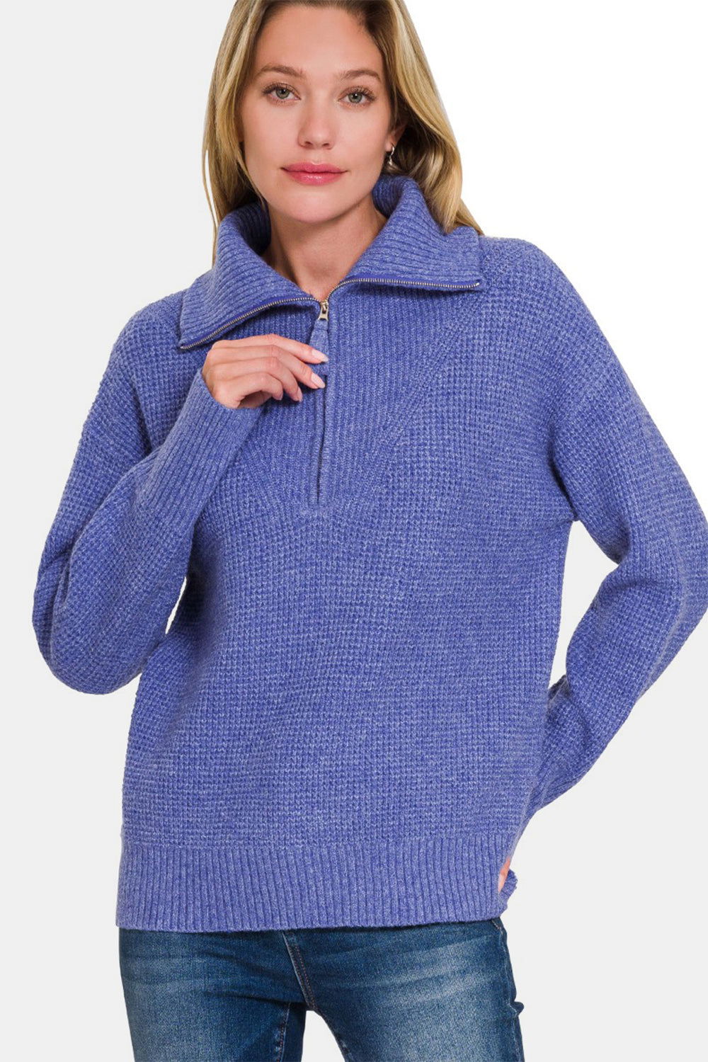 Zenana Half Zip Long Sleeve Sweater In Marlin us.meeeshop - 