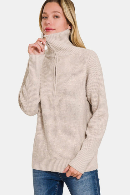 Zenana Half Zip Long Sleeve Sweater In Mocha us.meeeshop - Shirts & Tops