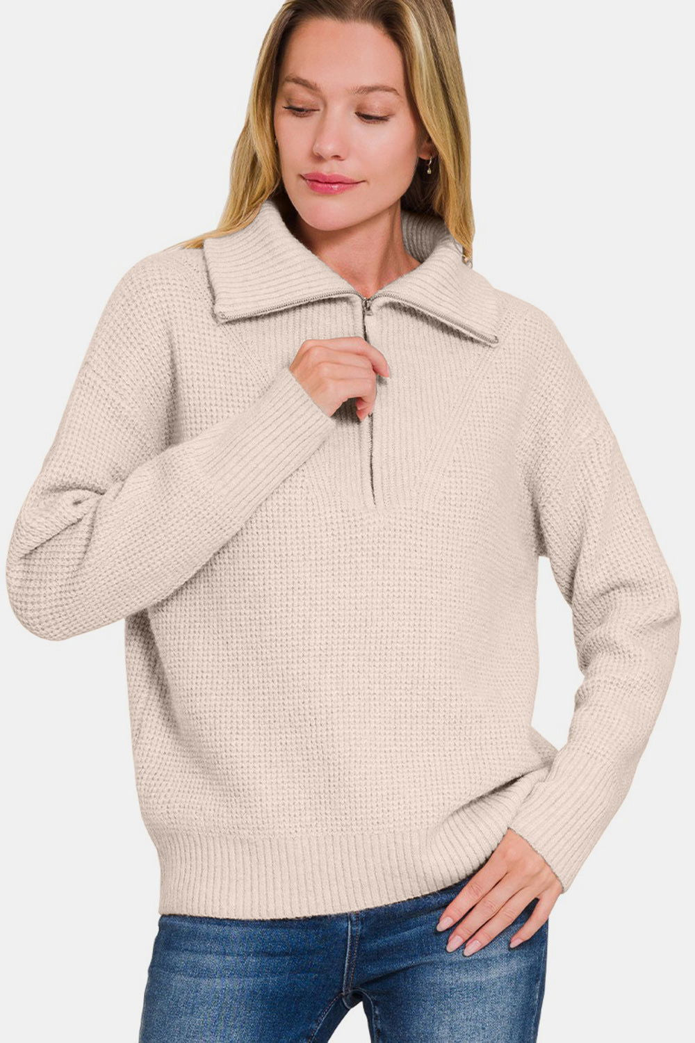 Zenana Half Zip Long Sleeve Sweater In Mocha us.meeeshop - 