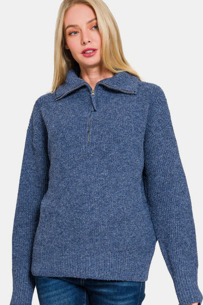 Zenana Half Zip Long Sleeve Sweater us.meeeshop - Shirts & Tops