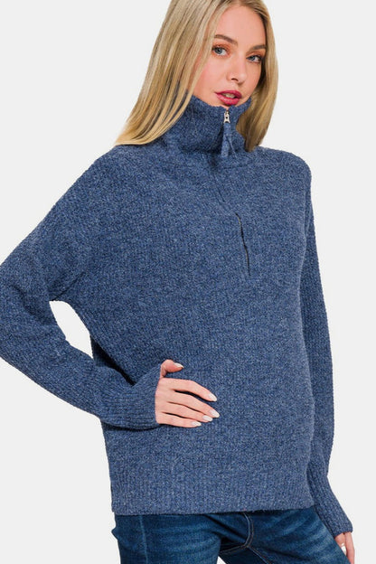 Zenana Half Zip Long Sleeve Sweater us.meeeshop - 