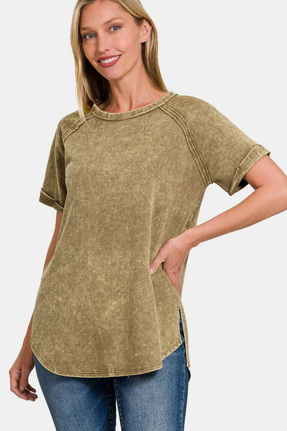 Zenana Heathered Round Neck Short Sleeve Top us.meeeshop - Shirts & Tops