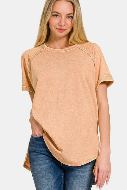 Zenana Heathered Round Neck Short Sleeve Top us.meeeshop - Shirts & Tops