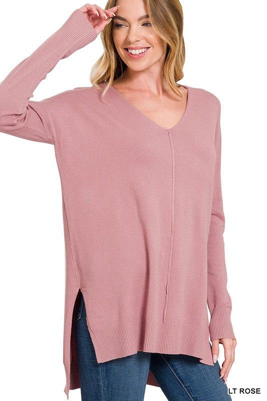 Zenana | Hi Low Hem V Neck Center Seam Sweater us.meeeshop - Shirts & Tops