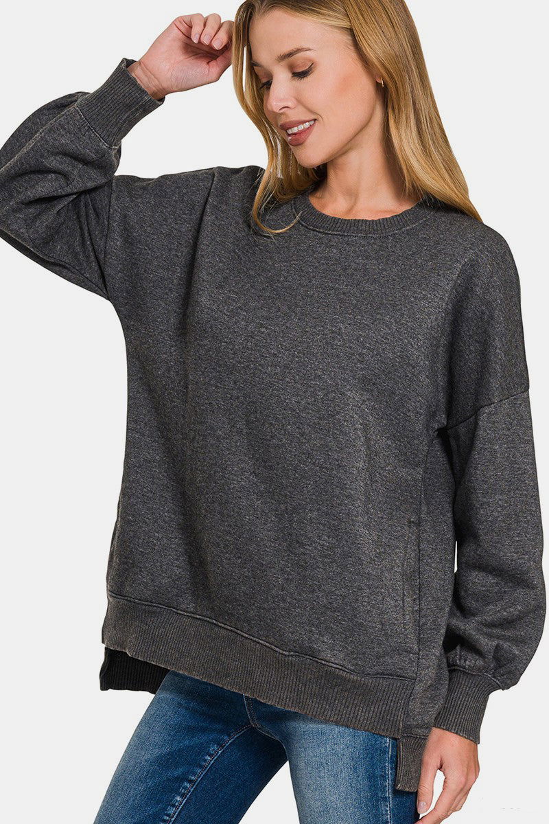 Zenana High-Low Acid Wash Fleece Sweatshirt - Black us.meeeshop - 