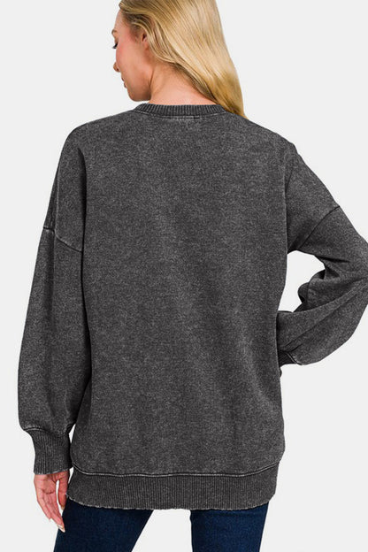 Zenana High-Low Acid Wash Fleece Sweatshirt - Black us.meeeshop - 