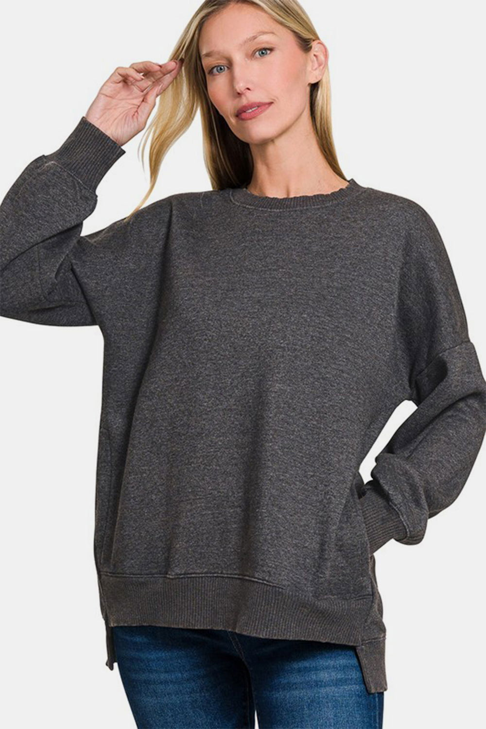 Zenana High-Low Acid Wash Fleece Sweatshirt - Black us.meeeshop - Shirts & Tops