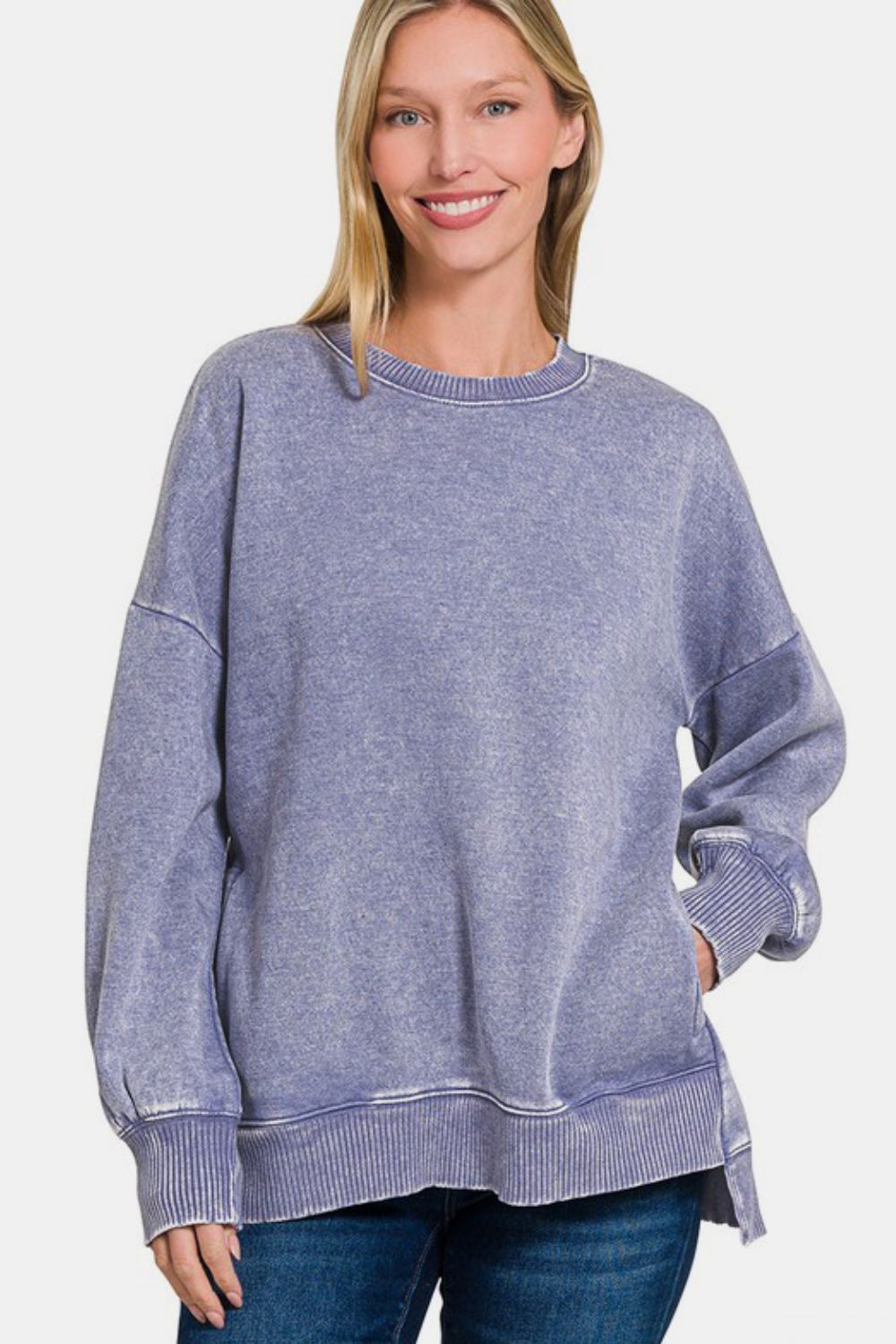 Zenana High-Low Acid Wash Fleece Sweatshirt In Mauve us.meeeshop - 