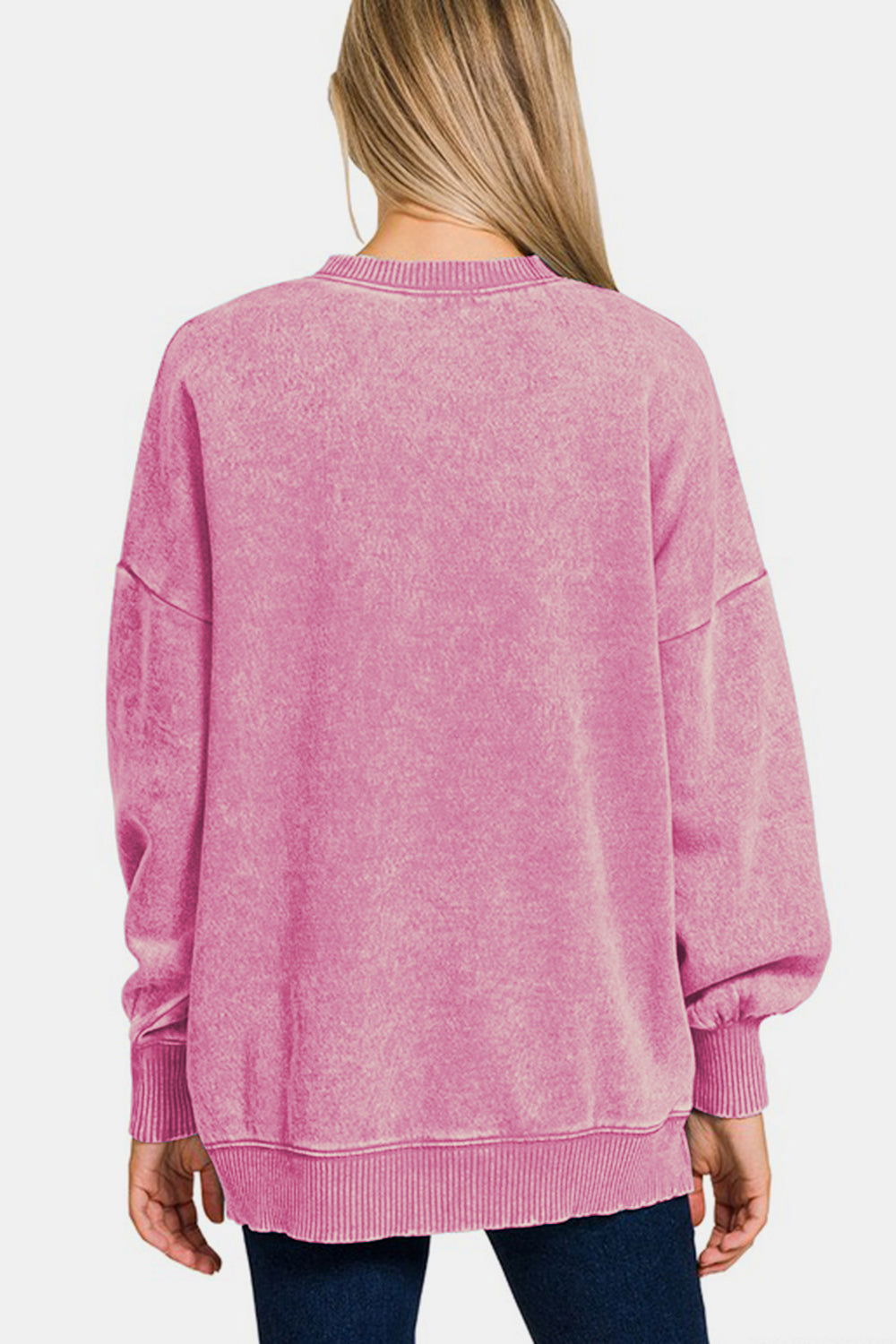 Zenana High-Low Acid Wash Fleece Sweatshirt In Pink us.meeeshop - 