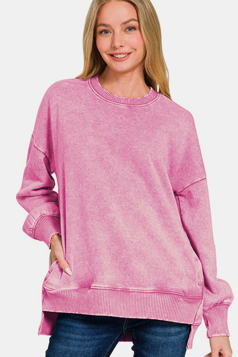 Zenana High-Low Acid Wash Fleece Sweatshirt In Pink us.meeeshop - Shirts & Tops