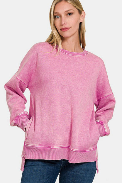 Zenana High-Low Acid Wash Fleece Sweatshirt In Pink us.meeeshop - 