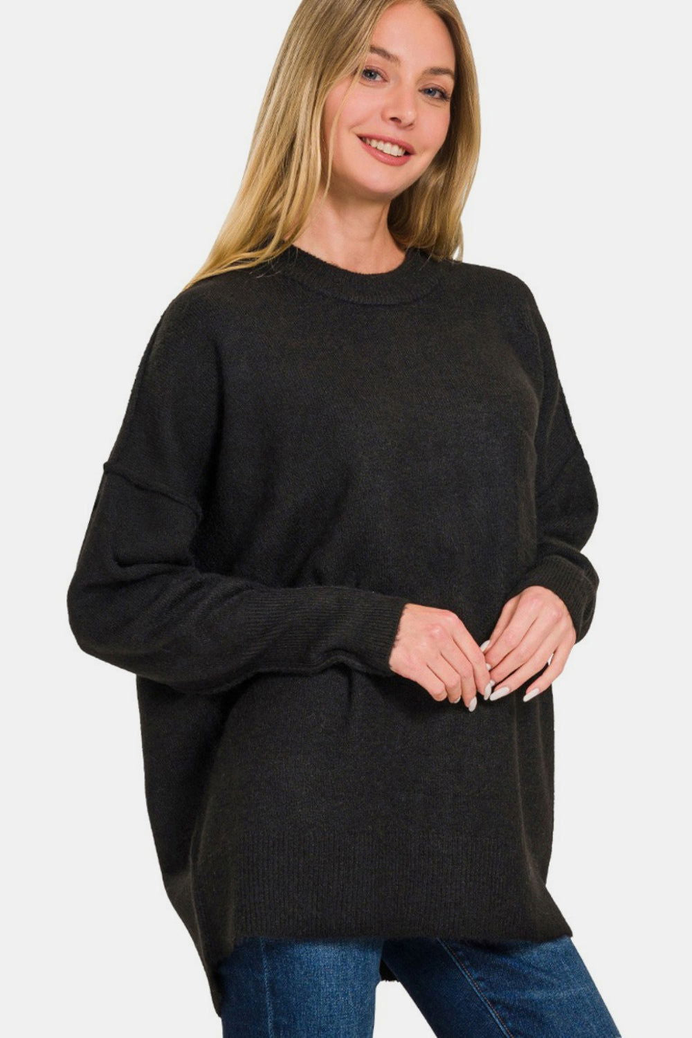 Zenana High-Low Hem Drop Shoulder Sweater us.meeeshop - Shirts & Tops