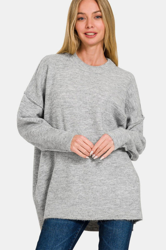 Zenana High-Low Hem Drop Shoulder Sweater us.meeeshop - Shirts & Tops