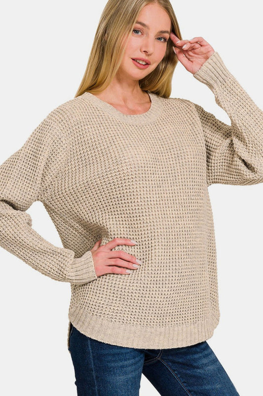 Zenana High Low Long Sleeve Waffle Sweater us.meeeshop - Shirts & Tops