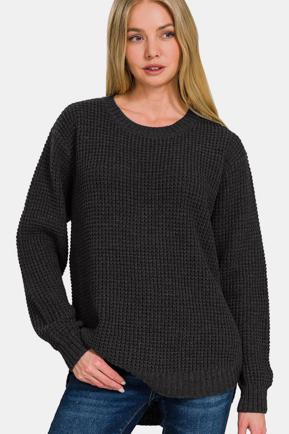 Zenana High Low Long Sleeve Waffle Sweater us.meeeshop - 