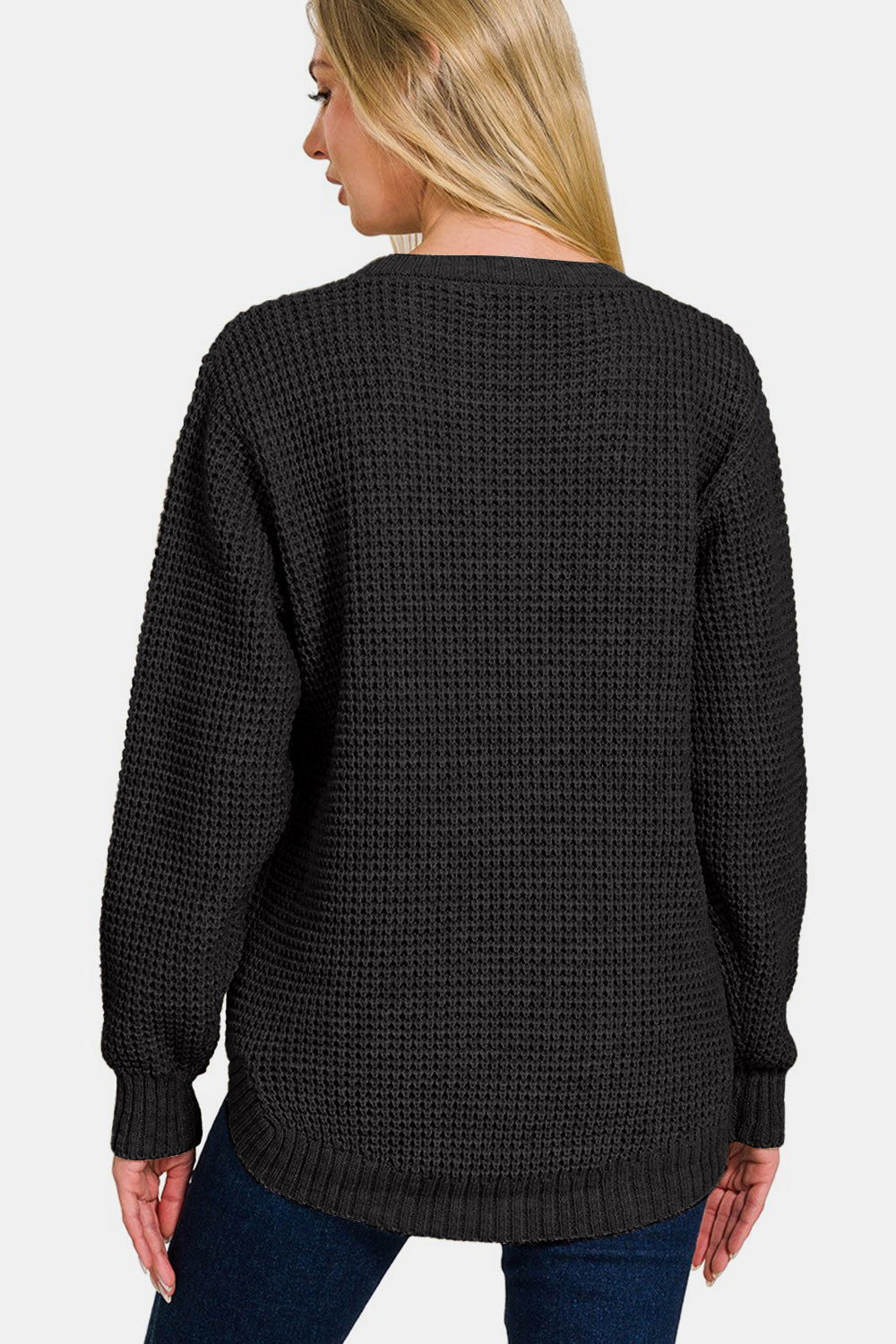 Zenana High Low Long Sleeve Waffle Sweater us.meeeshop - 