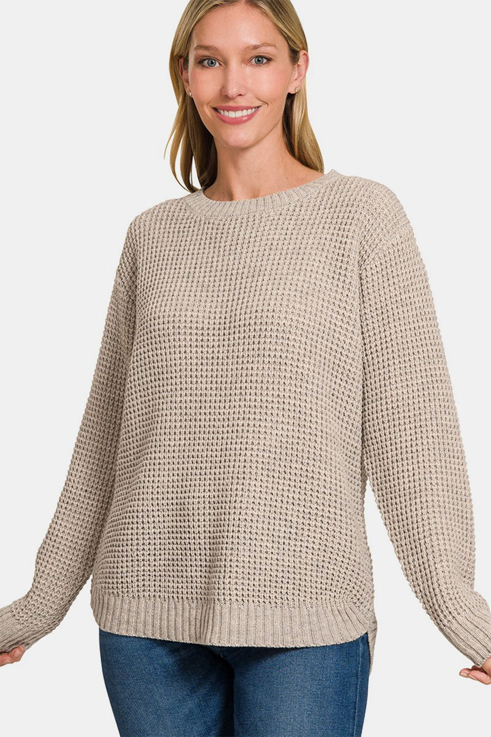 Zenana High Low Long Sleeve Waffle Sweater us.meeeshop - Shirts & Tops