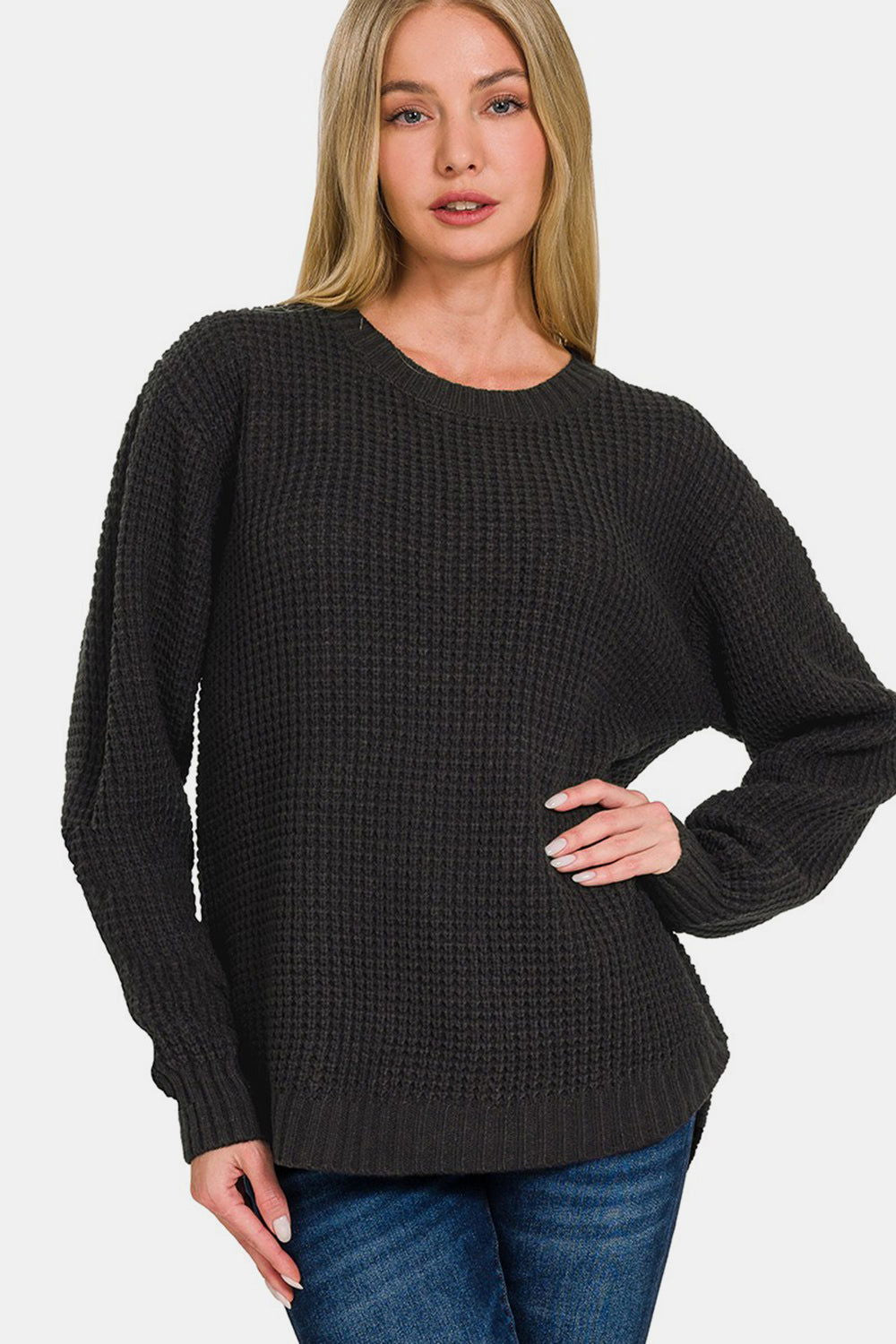 Zenana High Low Long Sleeve Waffle Sweater us.meeeshop - Shirts & Tops