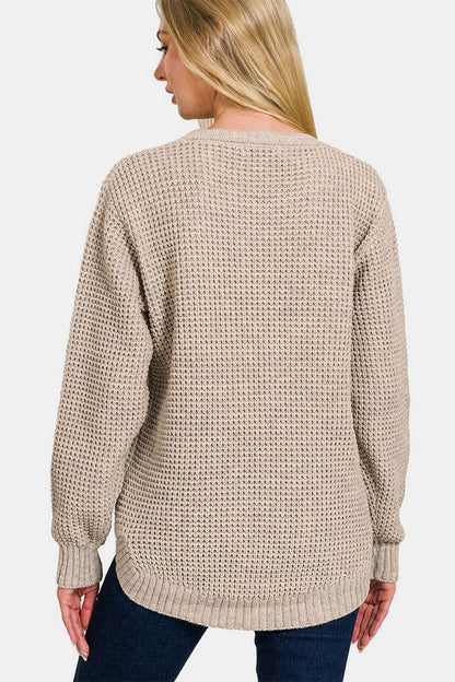 Zenana High Low Long Sleeve Waffle Sweater us.meeeshop - 