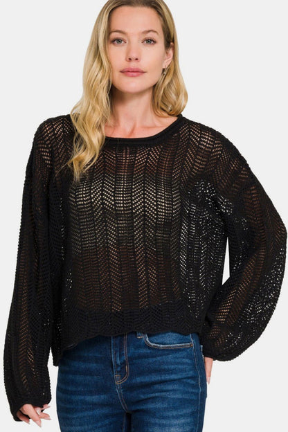 Zenana Hollow Out Long Sleeve Knit Cover Up us.meeeshop - Shirts & Tops