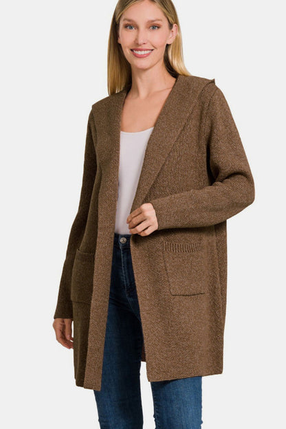 Zenana Hooded Open Front Sweater Cardigan us.meeeshop - 