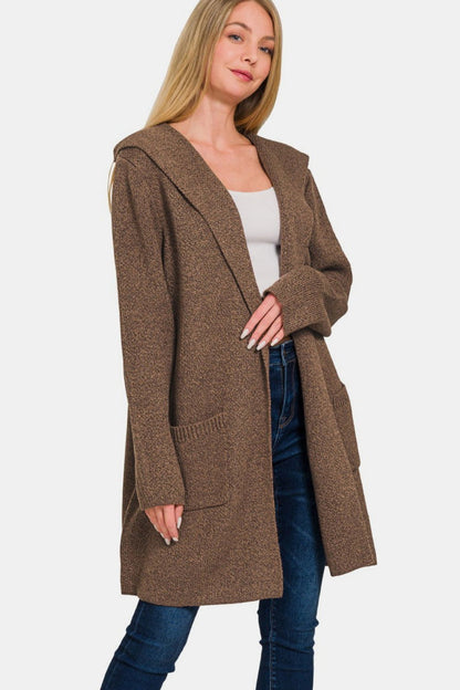 Zenana Hooded Open Front Sweater Cardigan us.meeeshop - Shirts & Tops