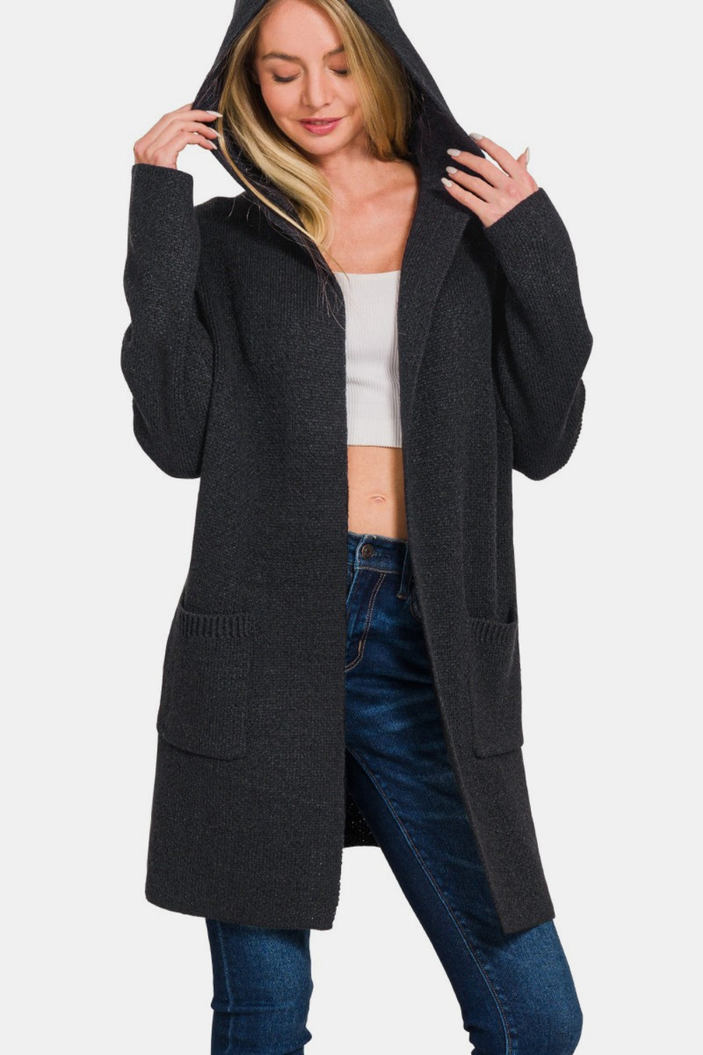 Zenana Hooded Open Front Sweater Cardigan us.meeeshop - Shirts & Tops