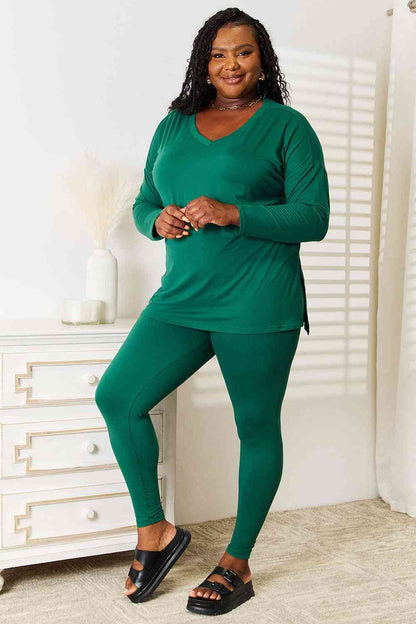 Zenana Lazy Days Long Sleeve Top and Leggings Set in Green us.meeeshop - 