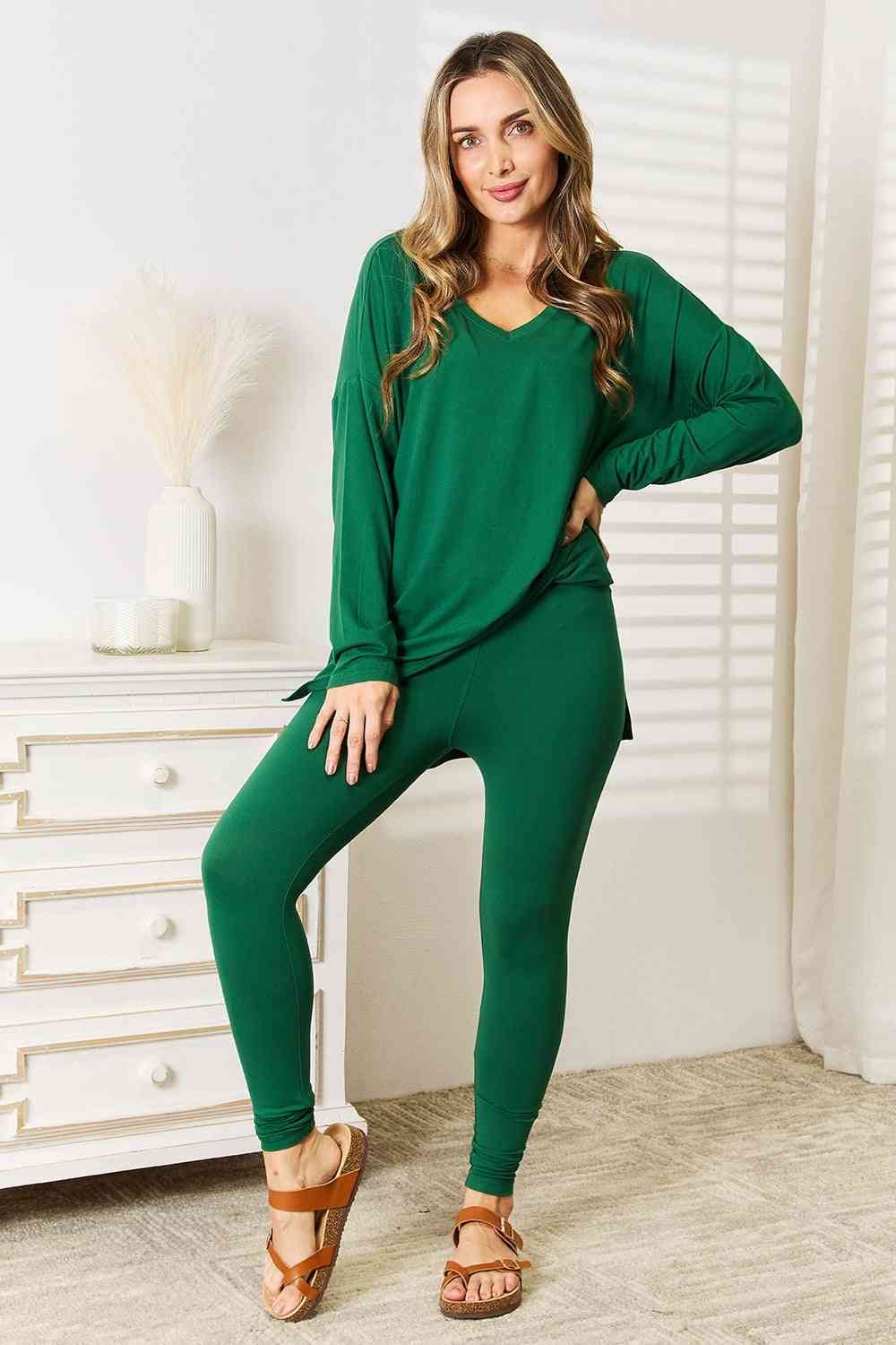 Zenana Lazy Days Long Sleeve Top and Leggings Set in Green us.meeeshop - 