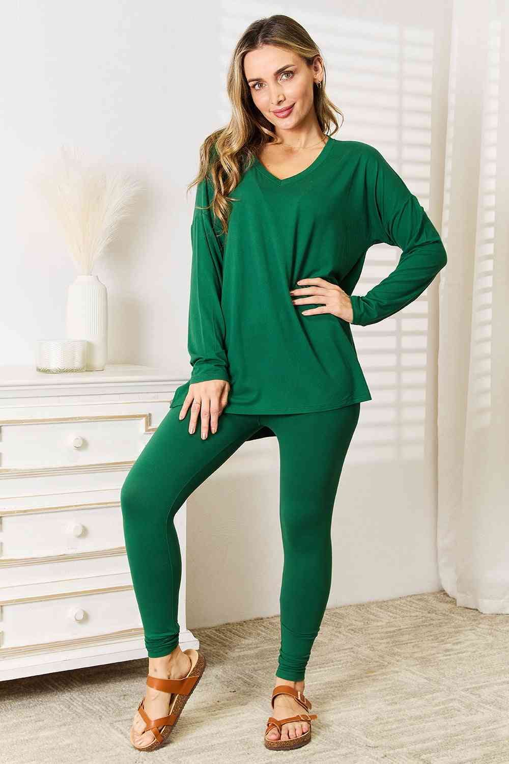 Zenana Lazy Days Long Sleeve Top and Leggings Set in Green us.meeeshop - 