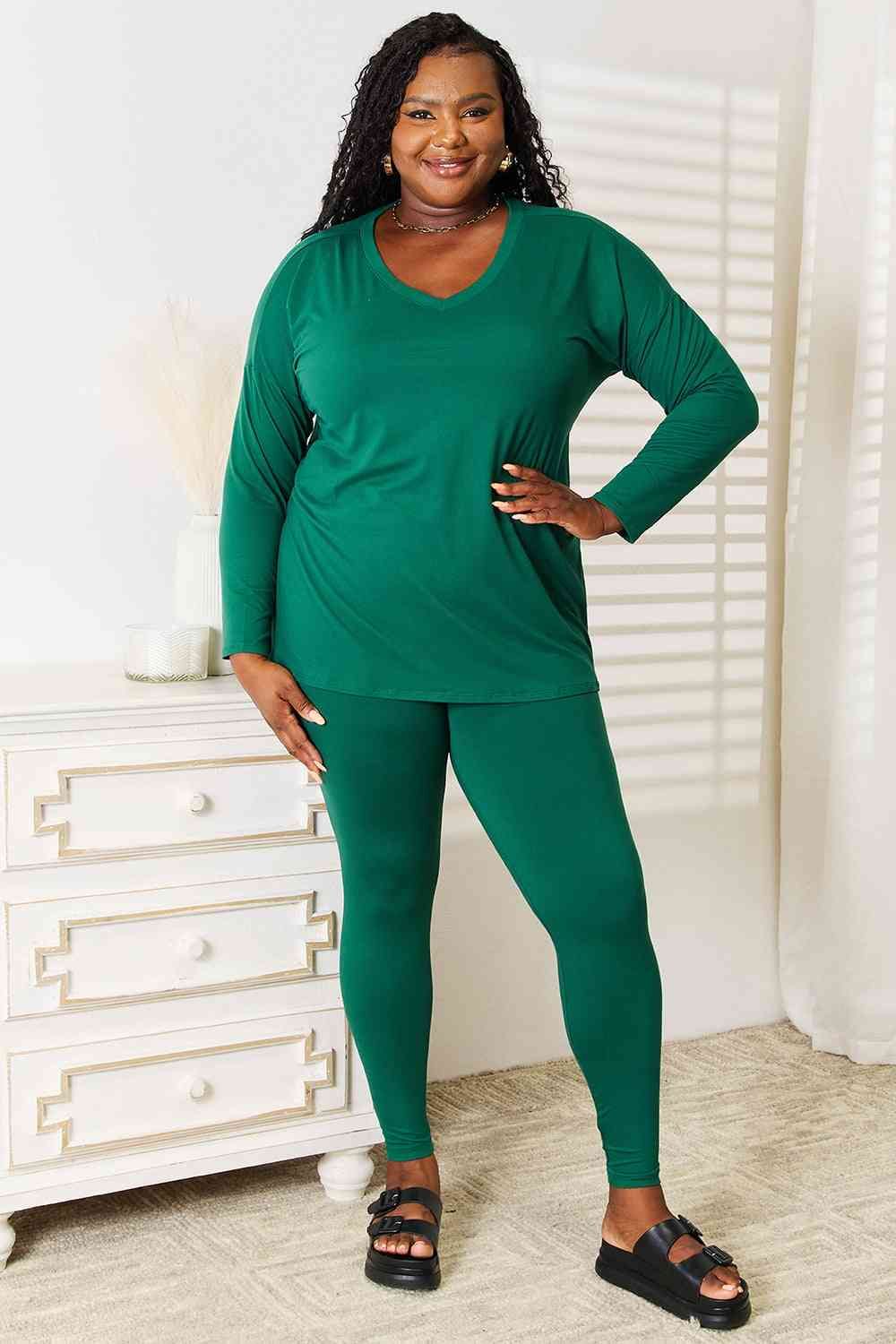 Zenana Lazy Days Long Sleeve Top and Leggings Set in Green us.meeeshop - Loungewear