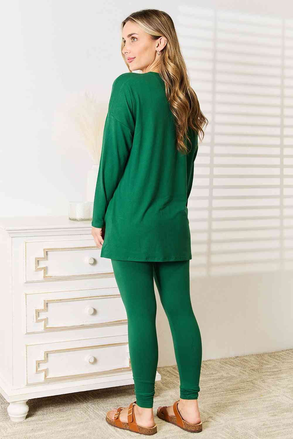 Zenana Lazy Days Long Sleeve Top and Leggings Set in Green us.meeeshop - 