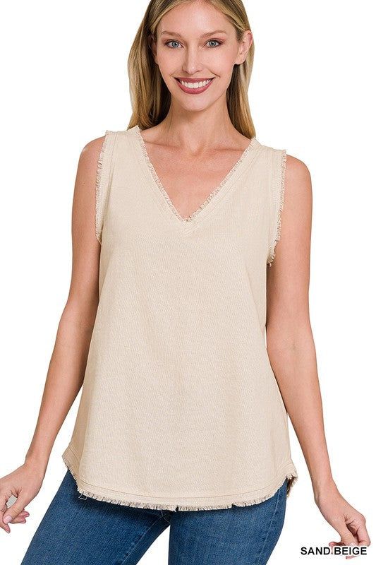 Zenana Linen Pre-Washed Frayed Edge V-Neck Sleeveless Top us.meeeshop - Shirts & Tops