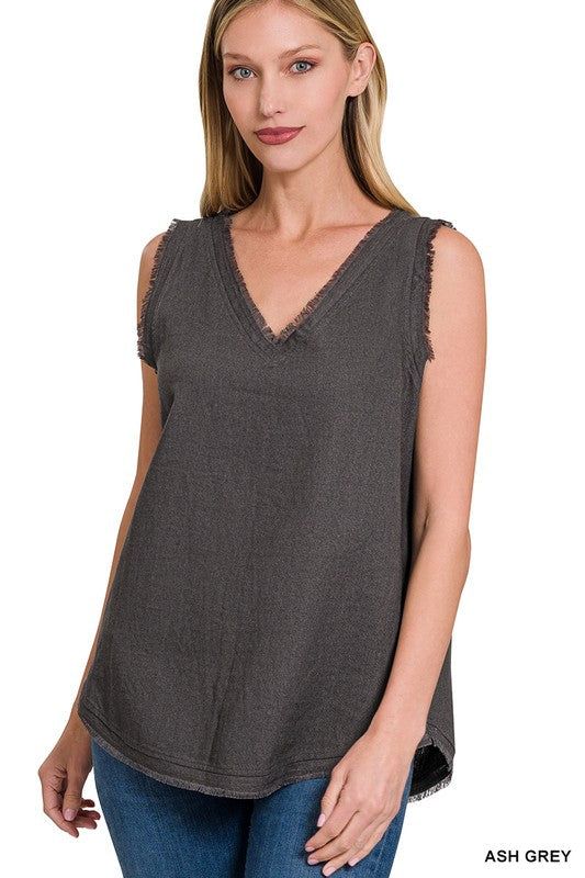 Zenana Linen Pre-Washed Frayed Edge V-Neck Sleeveless Top us.meeeshop - 