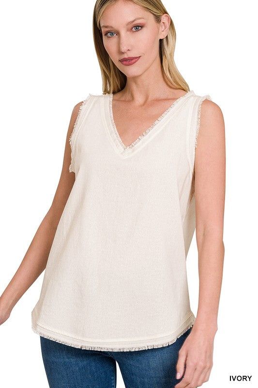 Zenana Linen Pre-Washed Frayed Edge V-Neck Sleeveless Top us.meeeshop - 