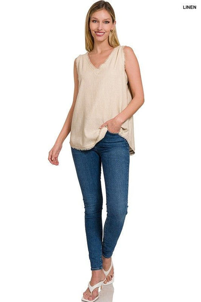 Zenana Linen Pre-Washed Frayed Edge V-Neck Sleeveless Top us.meeeshop - 