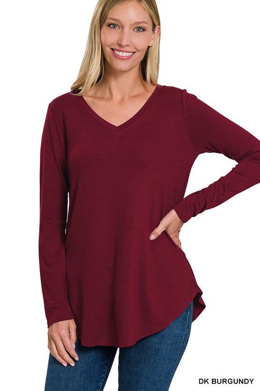 Zenana Long Sleeve V Neck Round Hem Top us.meeeshop - Shirts & Tops