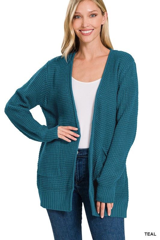 Zenana Low Gauge Waffle Open Cardigan Sweater us.meeeshop - 