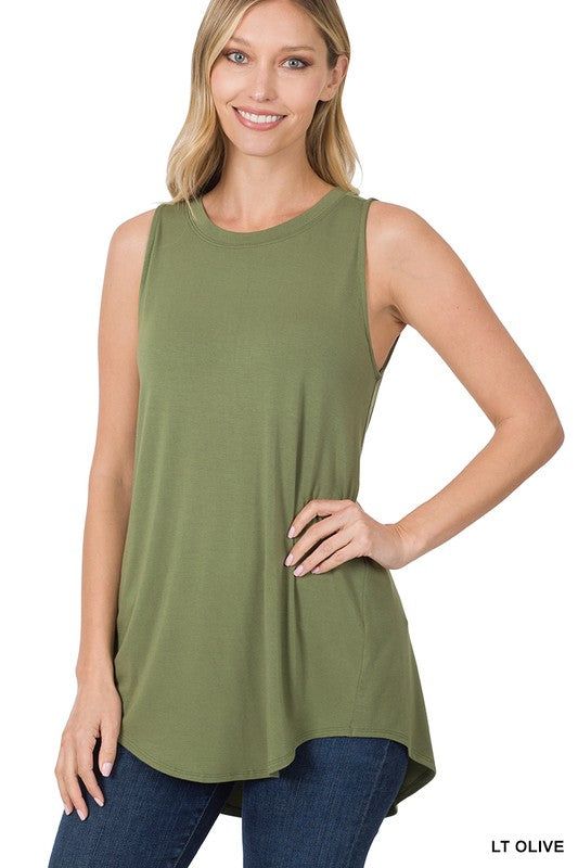 Zenana Luxe Rayon Sleeveless Round Neck Hi-Low Hem Top us.meeeshop - 