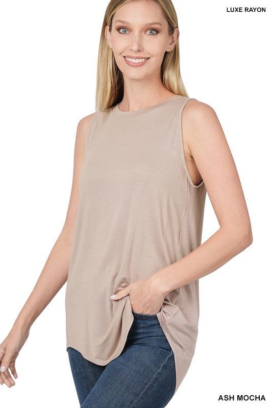 Zenana Luxe Rayon Sleeveless Round Neck Hi-Low Hem Top us.meeeshop - 