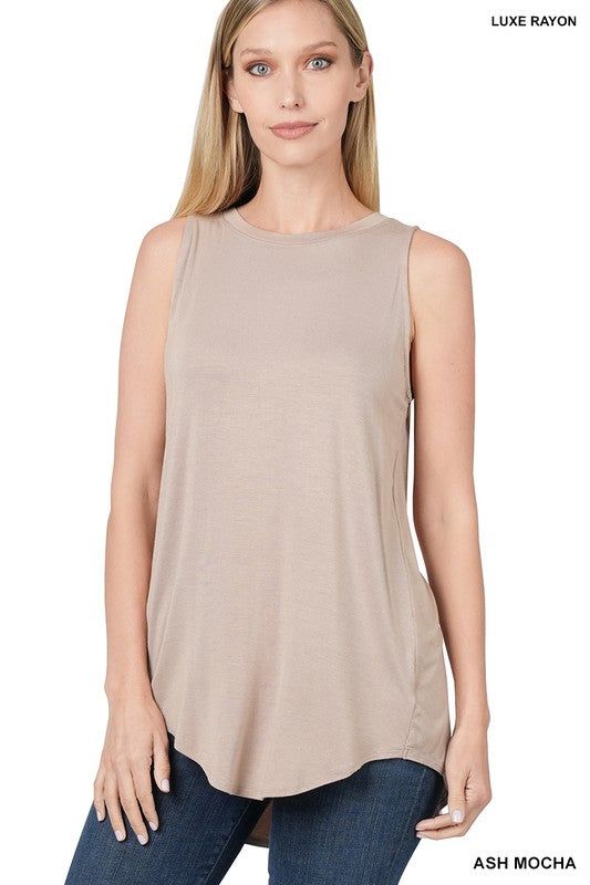 Zenana Luxe Rayon Sleeveless Round Neck Hi-Low Hem Top us.meeeshop - 